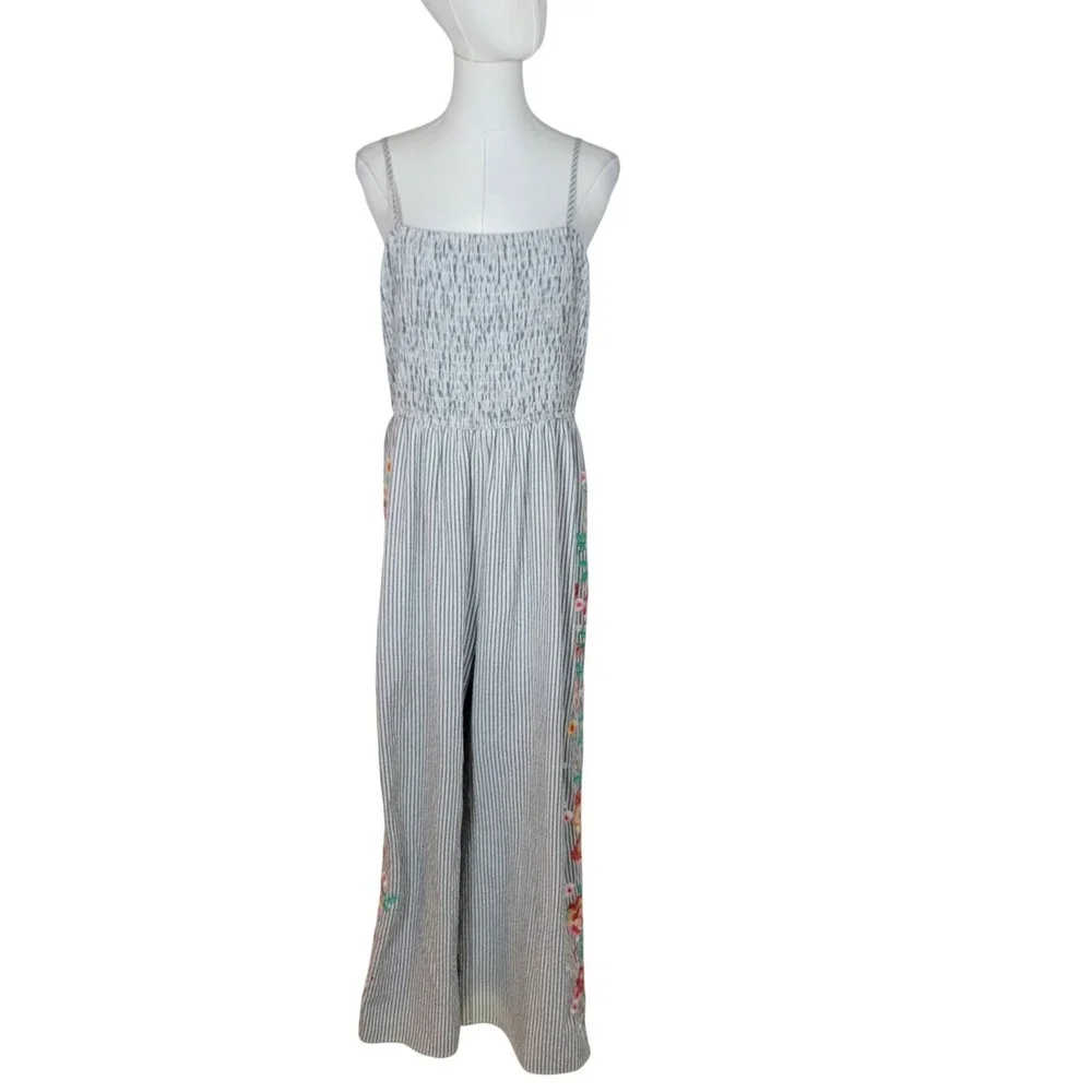 Savanna Jane Pinstripe Floral Embroidered Wide Leg Jumpsuit Large Boho Beach - Picture 2 of 13